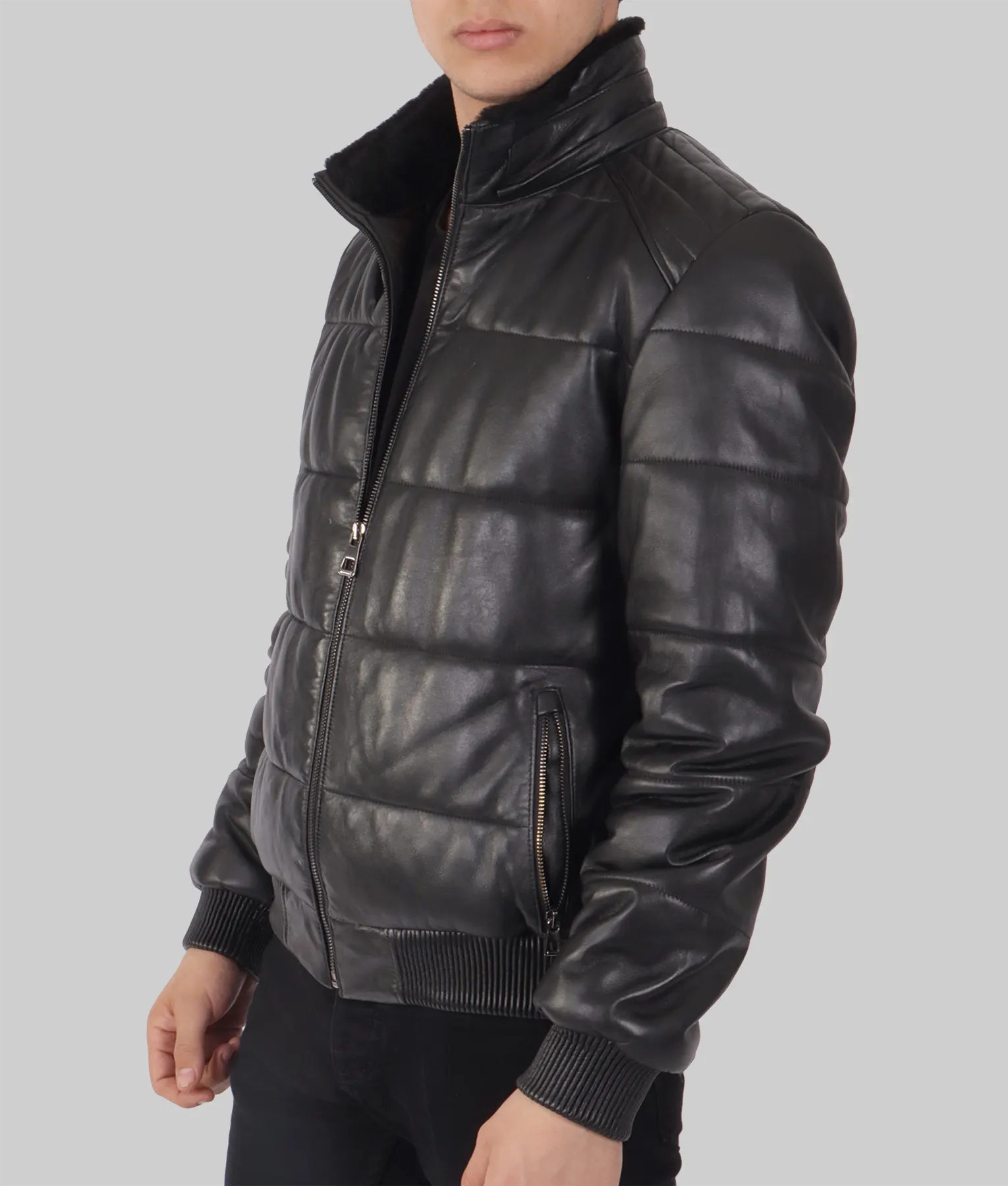 Piana Mens Black Leather Puffer Jacket - Mens Black Leather Puffer Jacket-1