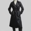 Ria Women's Double Breasted Black Leather Trench Coat-Front