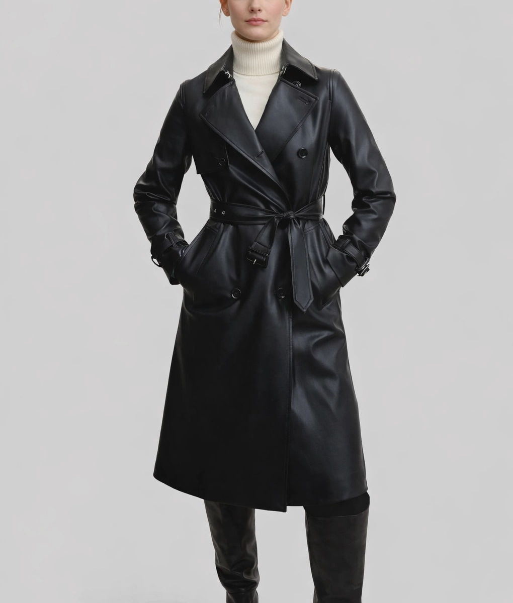 O.ria　レディース　BLK M Ria Women's Black Leather Trench Coat | NYC Jackets