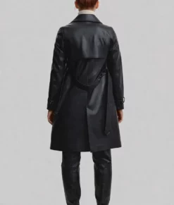 Ria Women's Double Breasted Black Leather Trench Coat-Back
