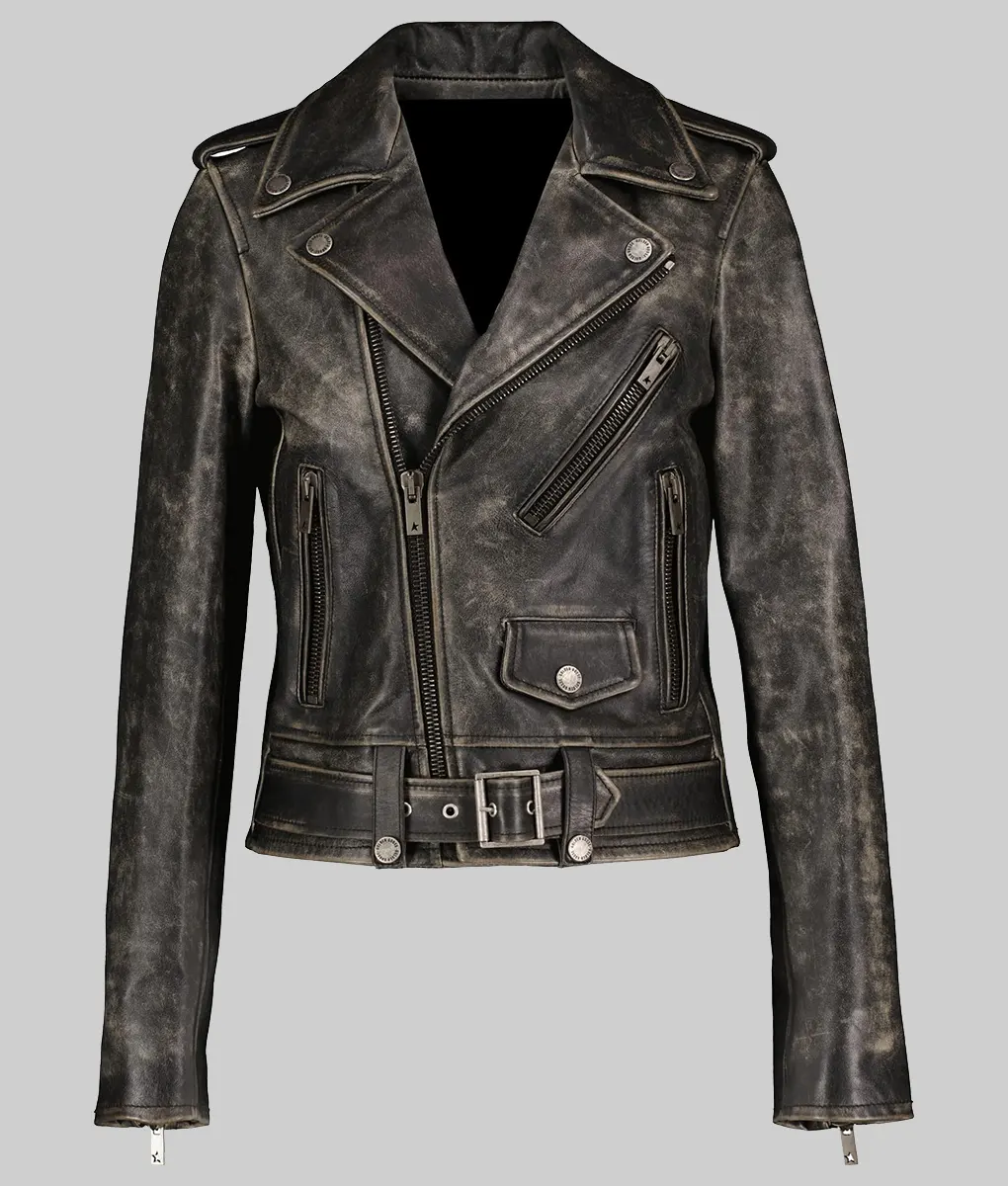Rose Black Distressed Leather Biker Jacket | NYC Jackets