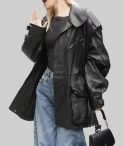 Rose Oversized Black Leather Jacket-Side View