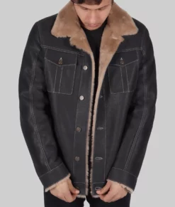 Sand Mens Distressed Black Aviator Leather Jacket - Mens Black Aviator Leather Jacket-1