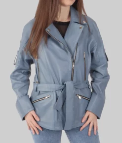 Susan Womens Blue Leather Biker Jacket - Womens Blue Leather Biker Jacket-4