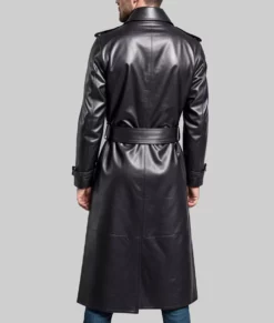 Tam Men's Black Leather Trench Coat - Men's Belted Black Leather Trench Coat - Back View