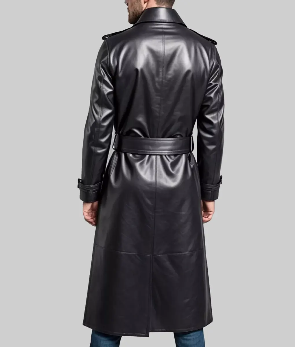Tam Men's Black Leather Trench Coat - Men's Belted Black Leather Trench Coat - Back View
