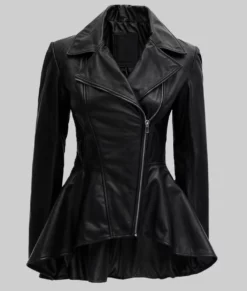 Tennz Women's Black Peplum Leather Jacket - Black Peplum Leather Jacket-2