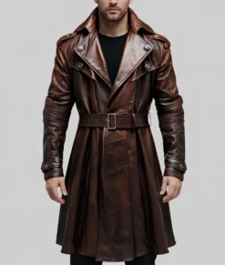 Terry Men&rsquo;s Brown Leather Trench Coat-Front