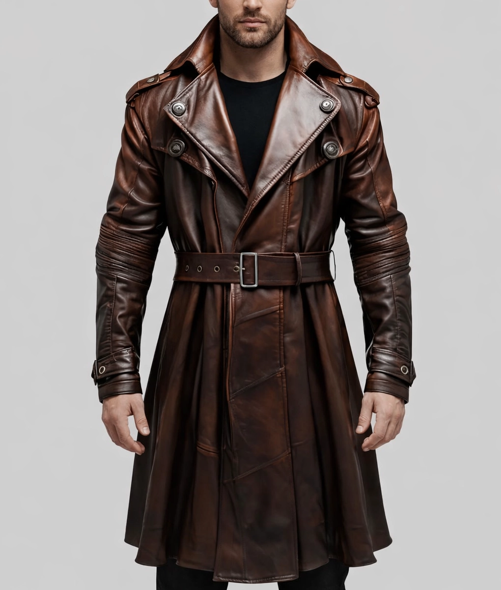 Terry Men’s Brown Leather Trench Coat-Front