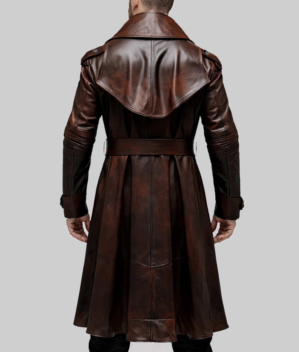 Terry Men’s Brown Leather Trench Coat-Back