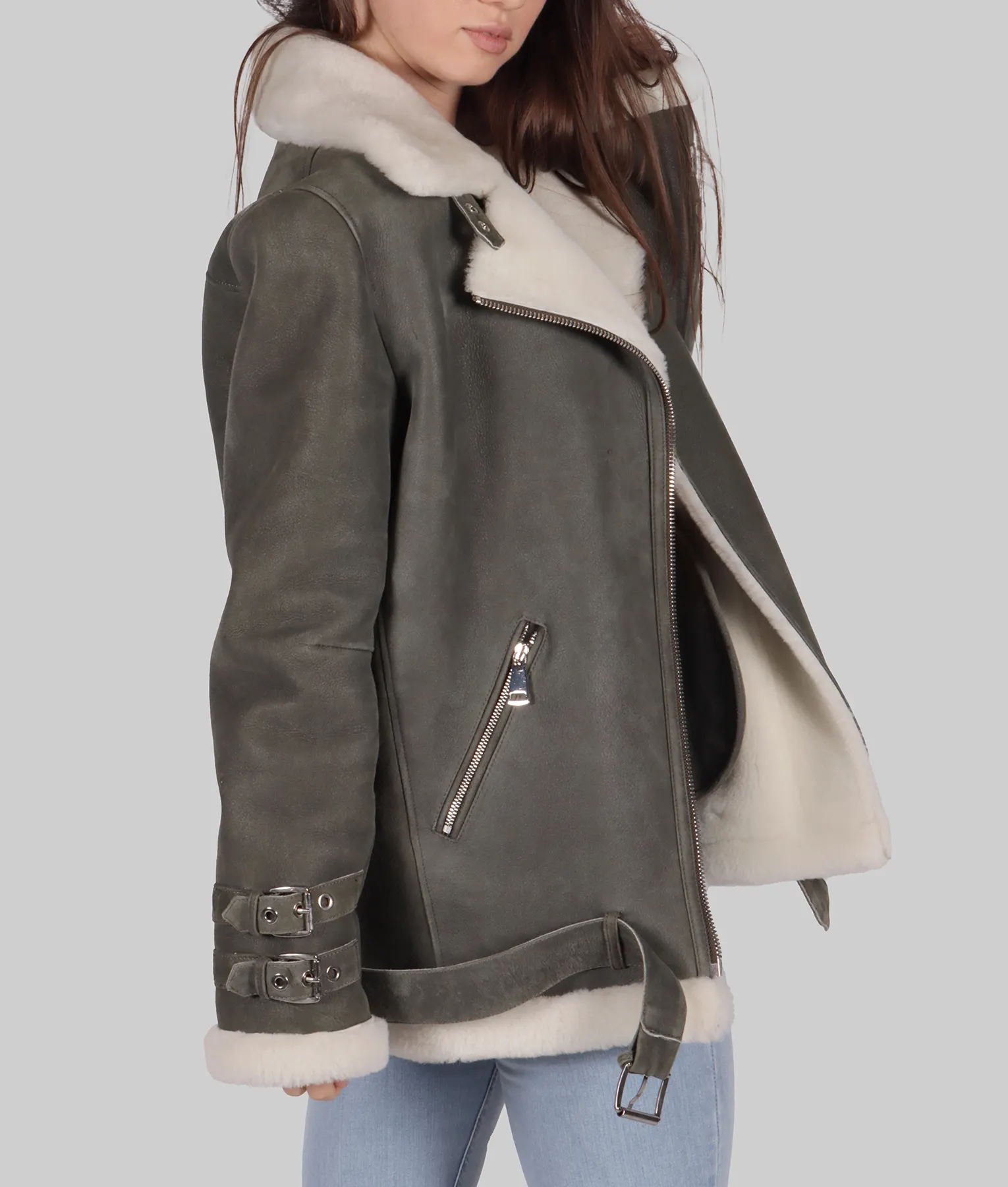 Bella Womens Grey B-3 Bomber Leather Jacket - Womens Grey B-3 Bomber Leather Jacket-1