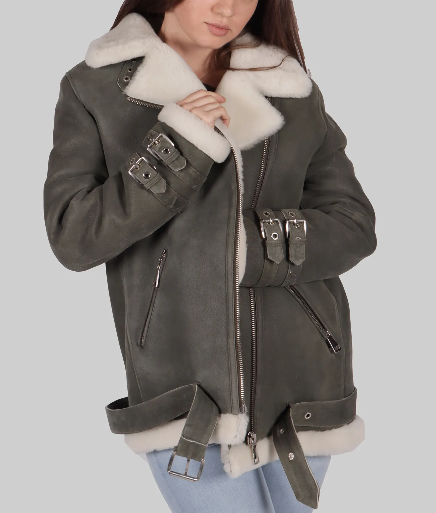 Bella Womens Grey B-3 Bomber Leather Jacket - Womens Grey B-3 Bomber Leather Jacket-2