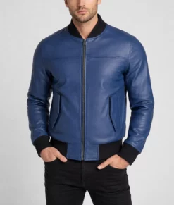 Bert Men&rsquo;s Classic Fit Blue Bomber Leather Jacket-Front