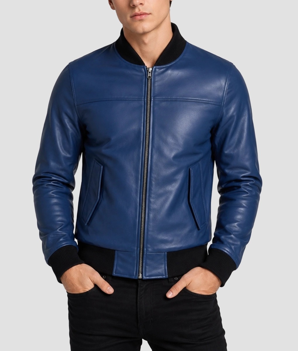 Bert Men’s Classic Fit Blue Bomber Leather Jacket-Front