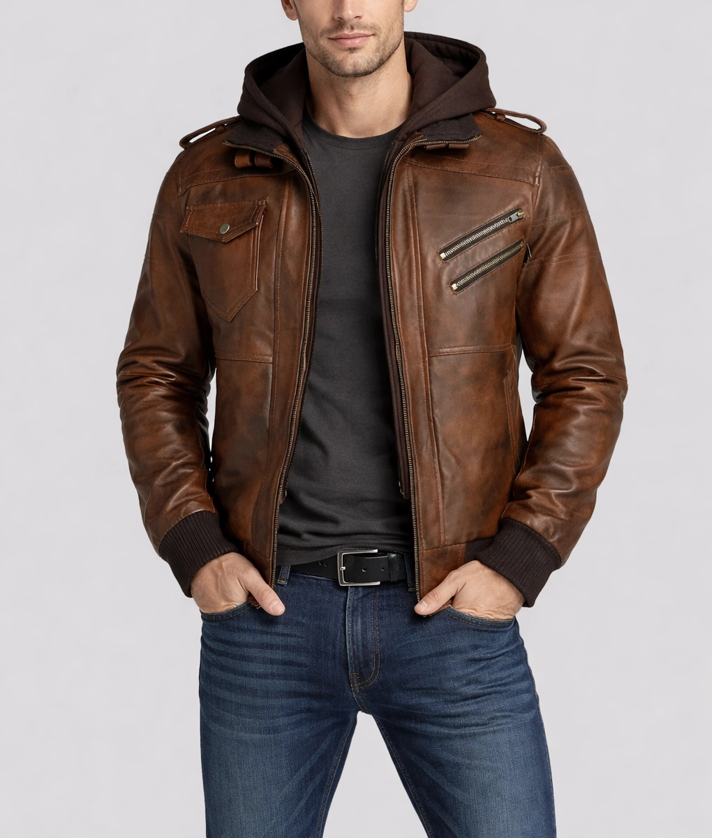 Christian Men's Brown Hooded Biker Leather Jacket | NYC Jackets