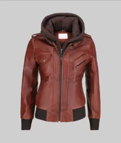 Christina Women's Brown Hooded Biker Leather Jacket - Women's Brown Hooded Biker Leather Jacket-4