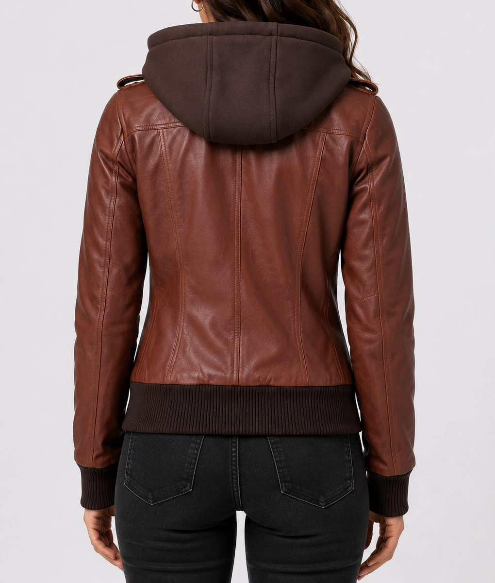 Christina Women’s Brown Leather Bomber Jacket with Removable Hoodie-Back