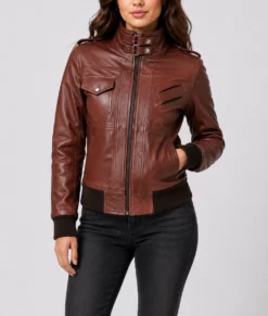 Christina Women’s Brown Leather Bomber Jacket with Removable Hoodie-Front