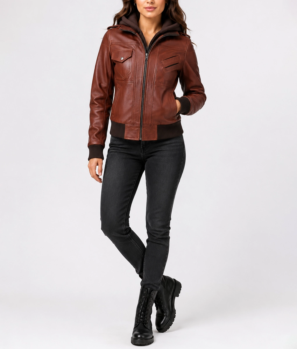 Christina Women’s Brown Leather Bomber Jacket with Removable Hoodie-Front Full