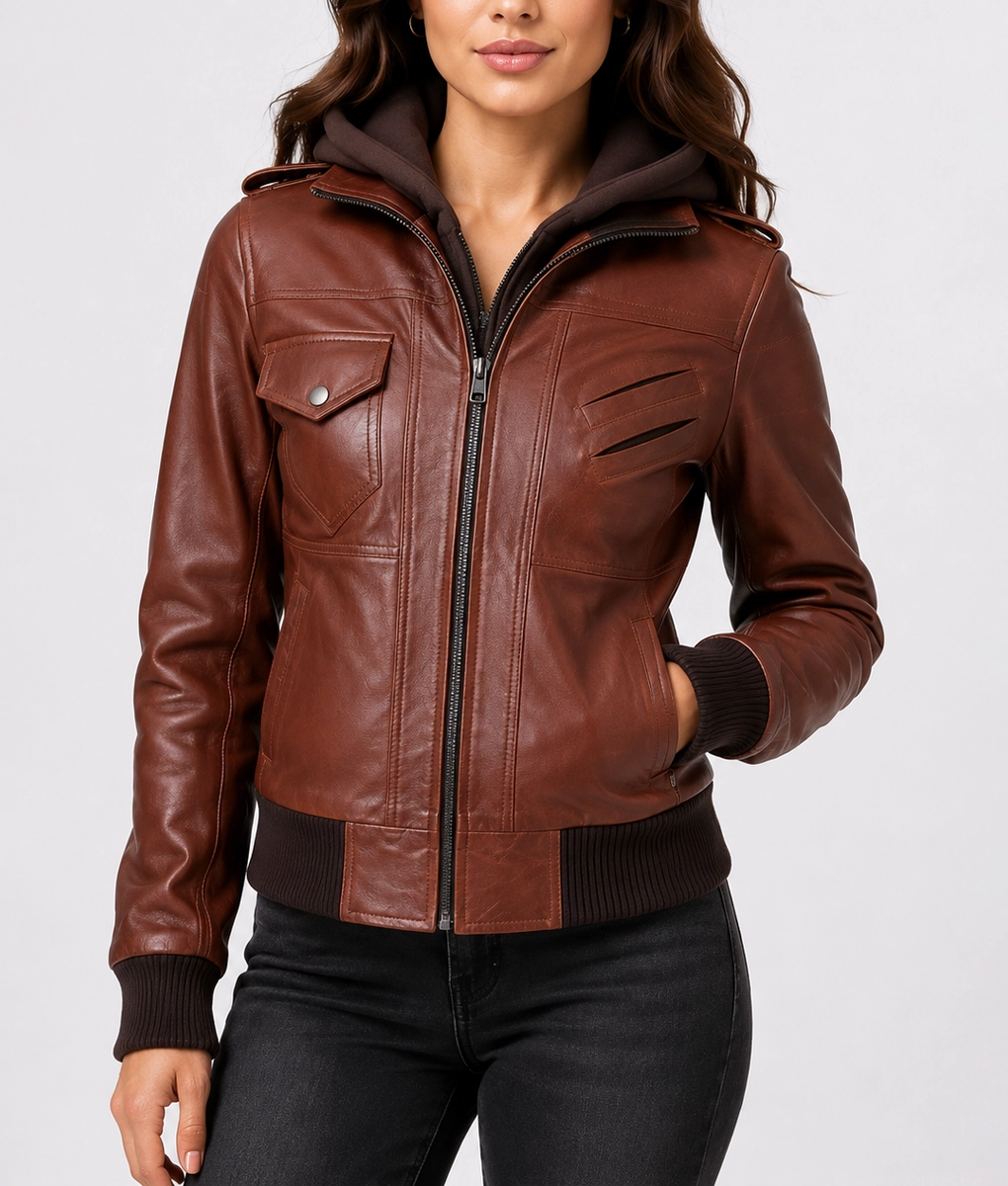Christina Women’s Brown Leather Bomber Jacket with Removable Hoodie-Front1