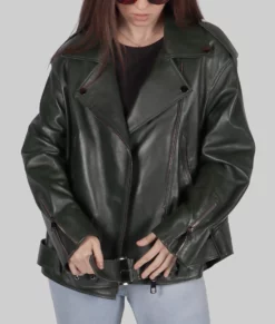 Debra Womens Green Biker Leather Jacket - Womens Green Biker Leather Jacket-1