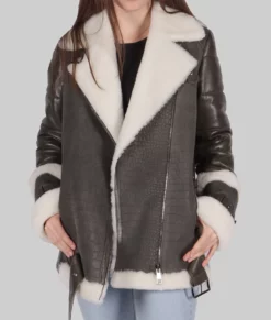 Debra Womens Grey B-3 Bomber Leather Jacket - Womens Grey B-3 Bomber Leather Jacket-3