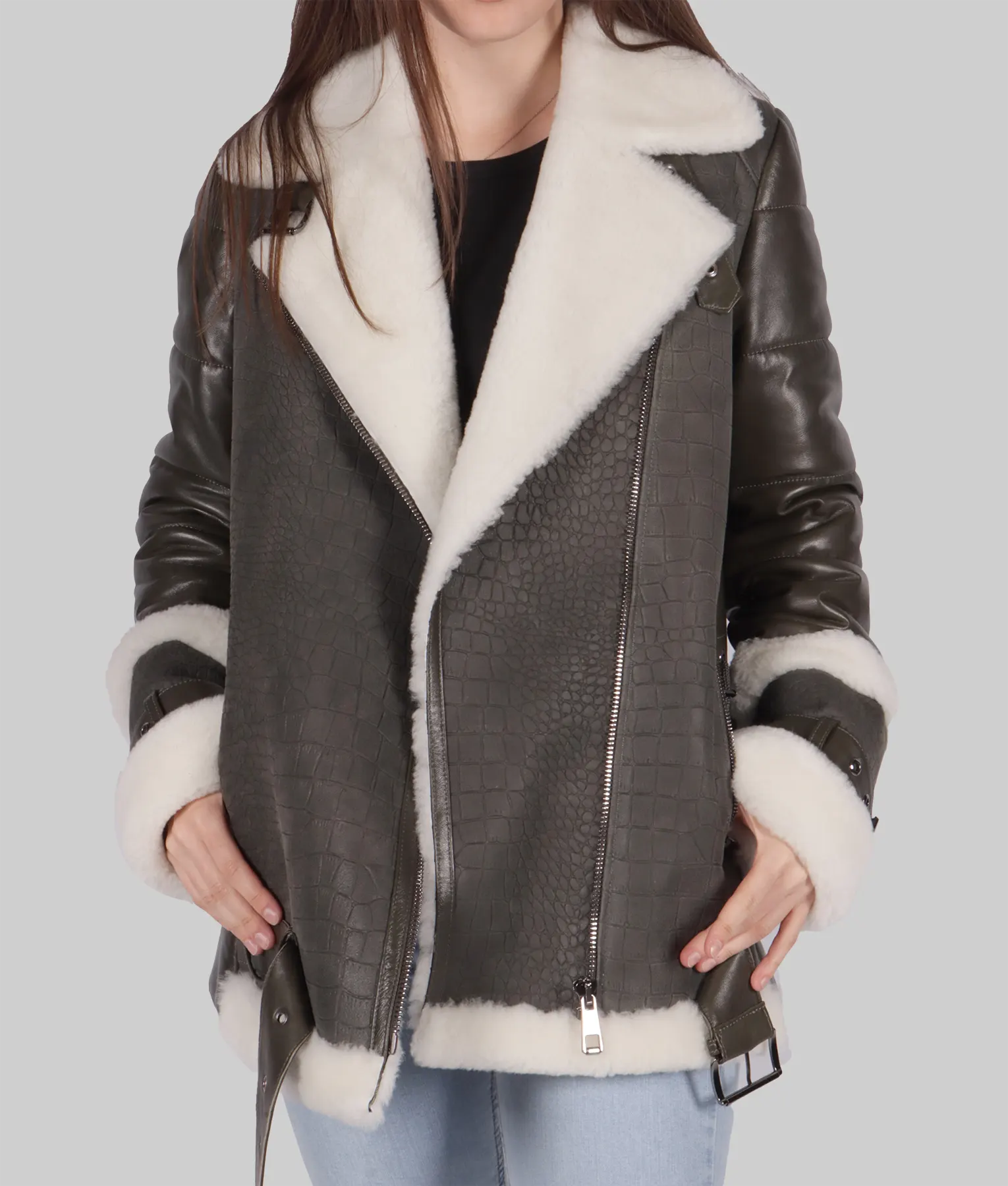 Debra Womens Grey B-3 Bomber Leather Jacket - Womens Grey B-3 Bomber Leather Jacket-3