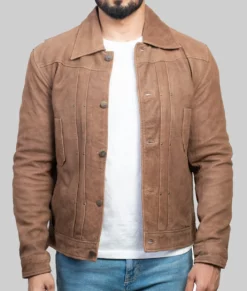 Garry Mens Brown Distressed Suede Trucker Jacket - Mens Brown Distressed Suede Trucker Jacket-2