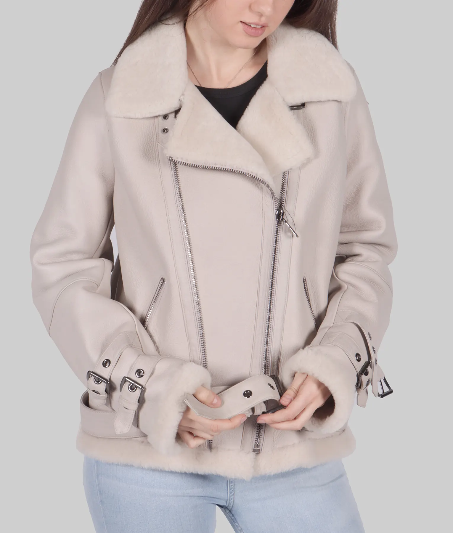 Jenna Womens White B-3 Bomber Leather Jacket - Womens White B-3 Bomber Leather Jacket-5