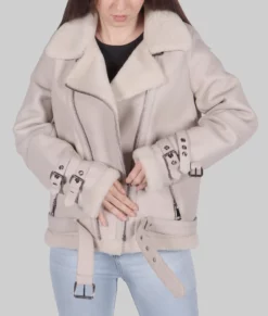 Jenna Womens White B-3 Bomber Leather Jacket - Womens White B-3 Bomber Leather Jacket-1