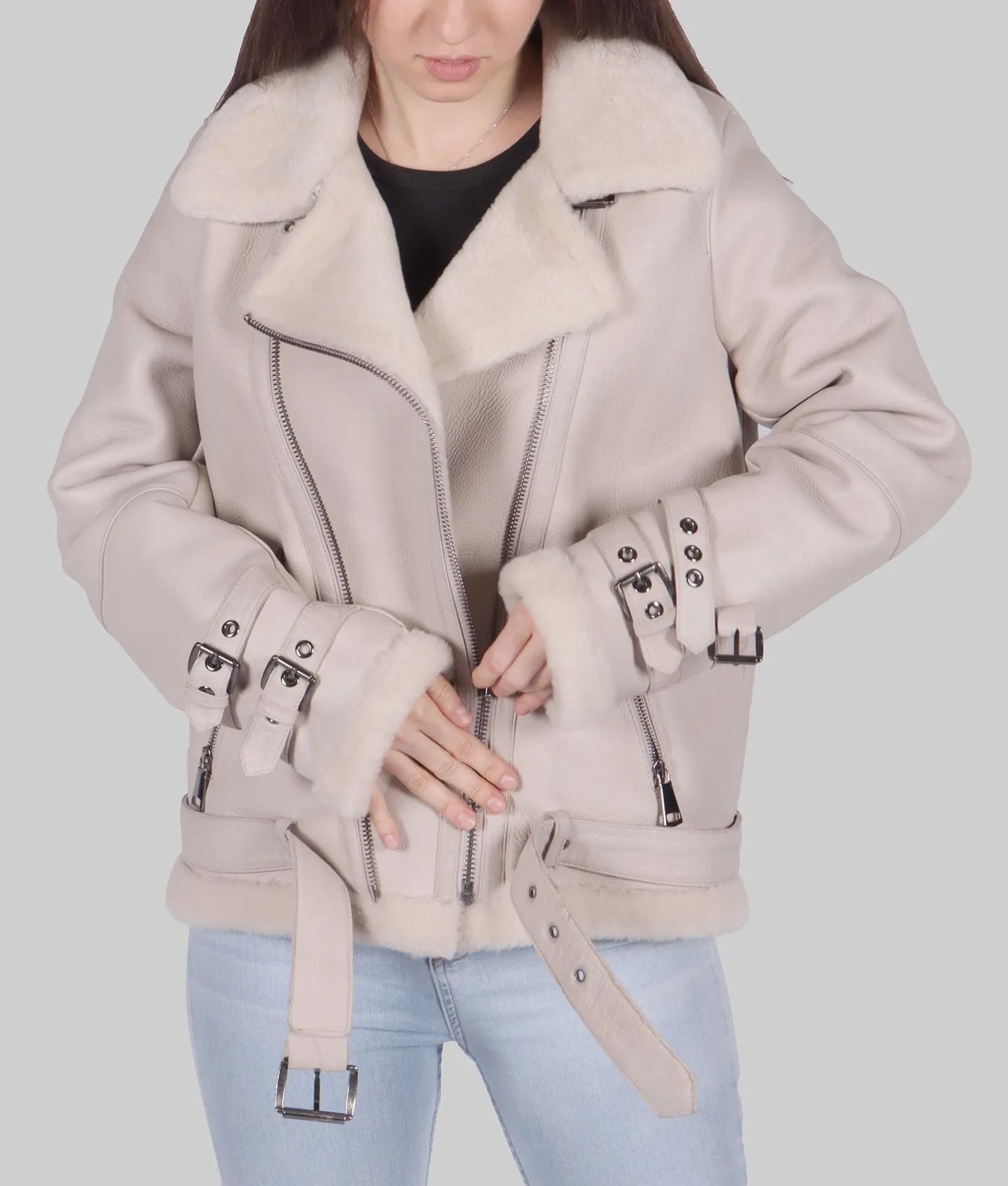 Jenna Womens White B-3 Bomber Leather Jacket - Womens White B-3 Bomber Leather Jacket-1