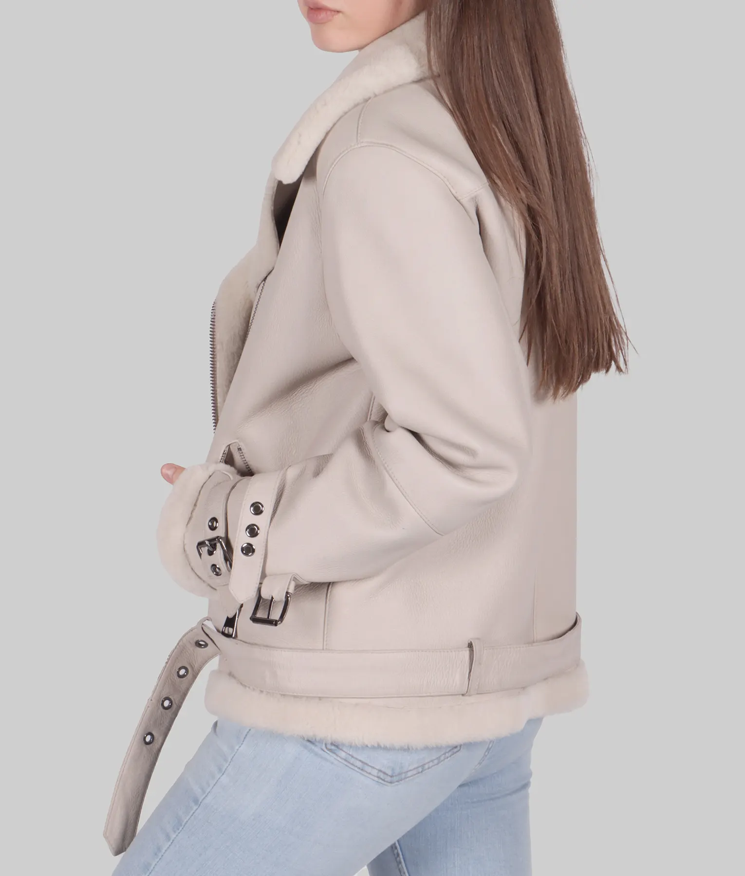 Jenna Womens White B-3 Bomber Leather Jacket - Womens White B-3 Bomber Leather Jacket-2