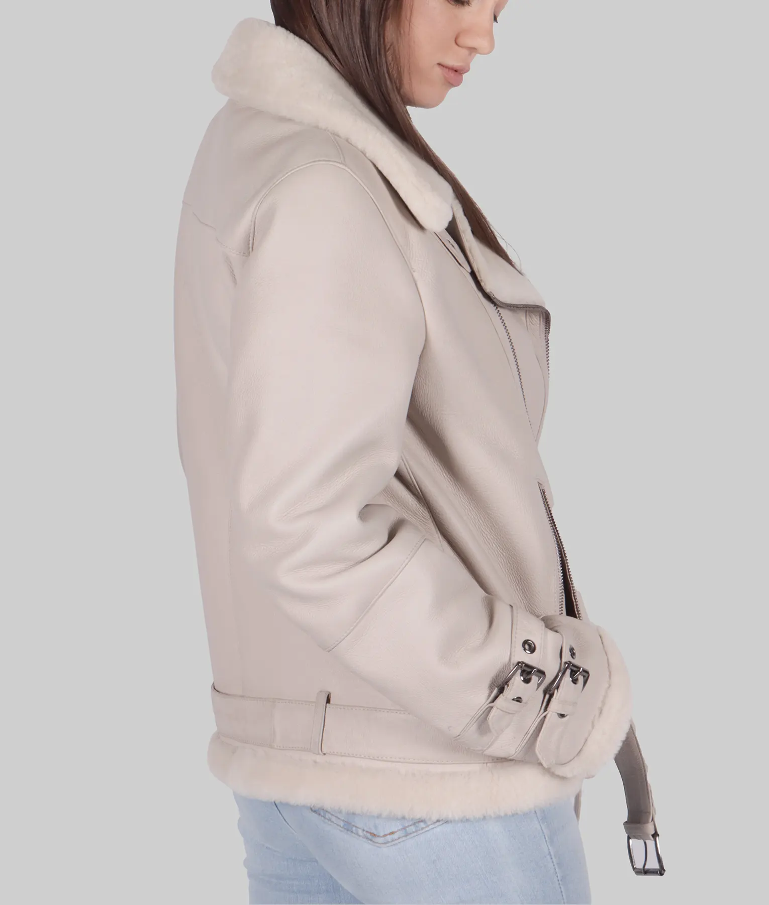 Jenna Womens White B-3 Bomber Leather Jacket - Womens White B-3 Bomber Leather Jacket-4
