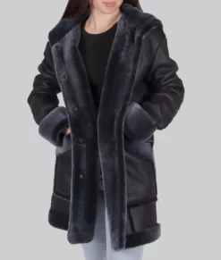 Jenny Womens Black Shearling Leather Jacket - Womens Hooded Shearling Leather Jacket-3