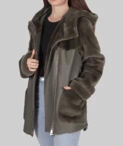 Jenny Womens Olive Green Shearling Leather Jacket - Womens Olive Green Shearling Leather Jacket-4