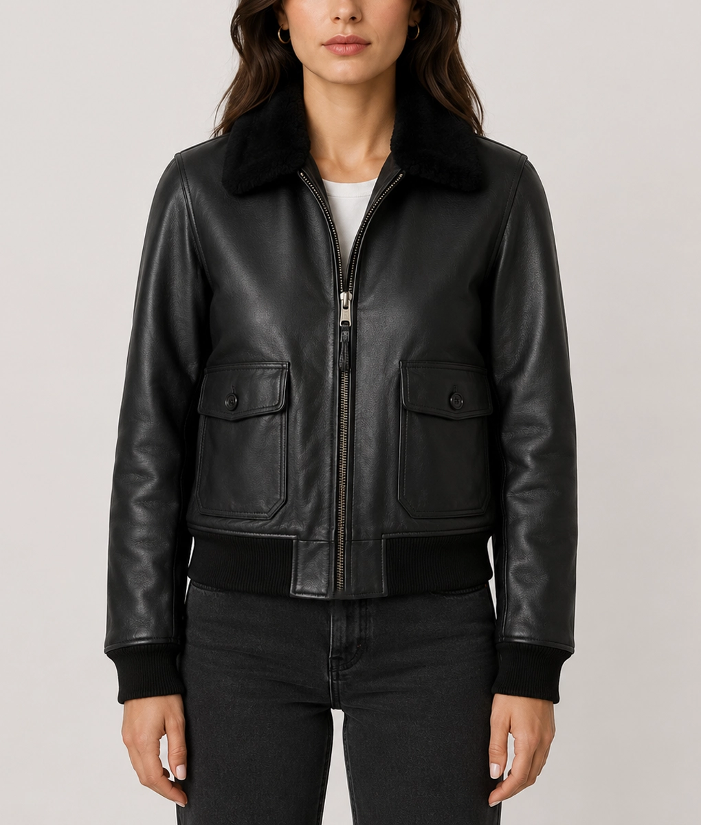 Juniper Women's Black G-1 Bomber Leather Jacket-Front