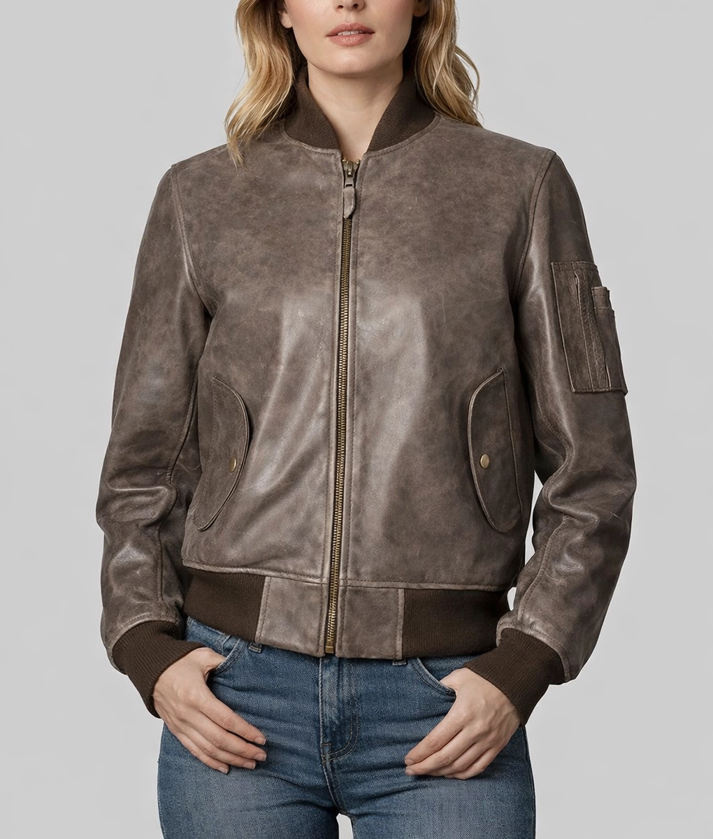 Juniper Women's Brown Distressed Leather MA-1 Bomber Jacket | Women's Brown Distressed Leather MA-1 Bomber Jacket-2