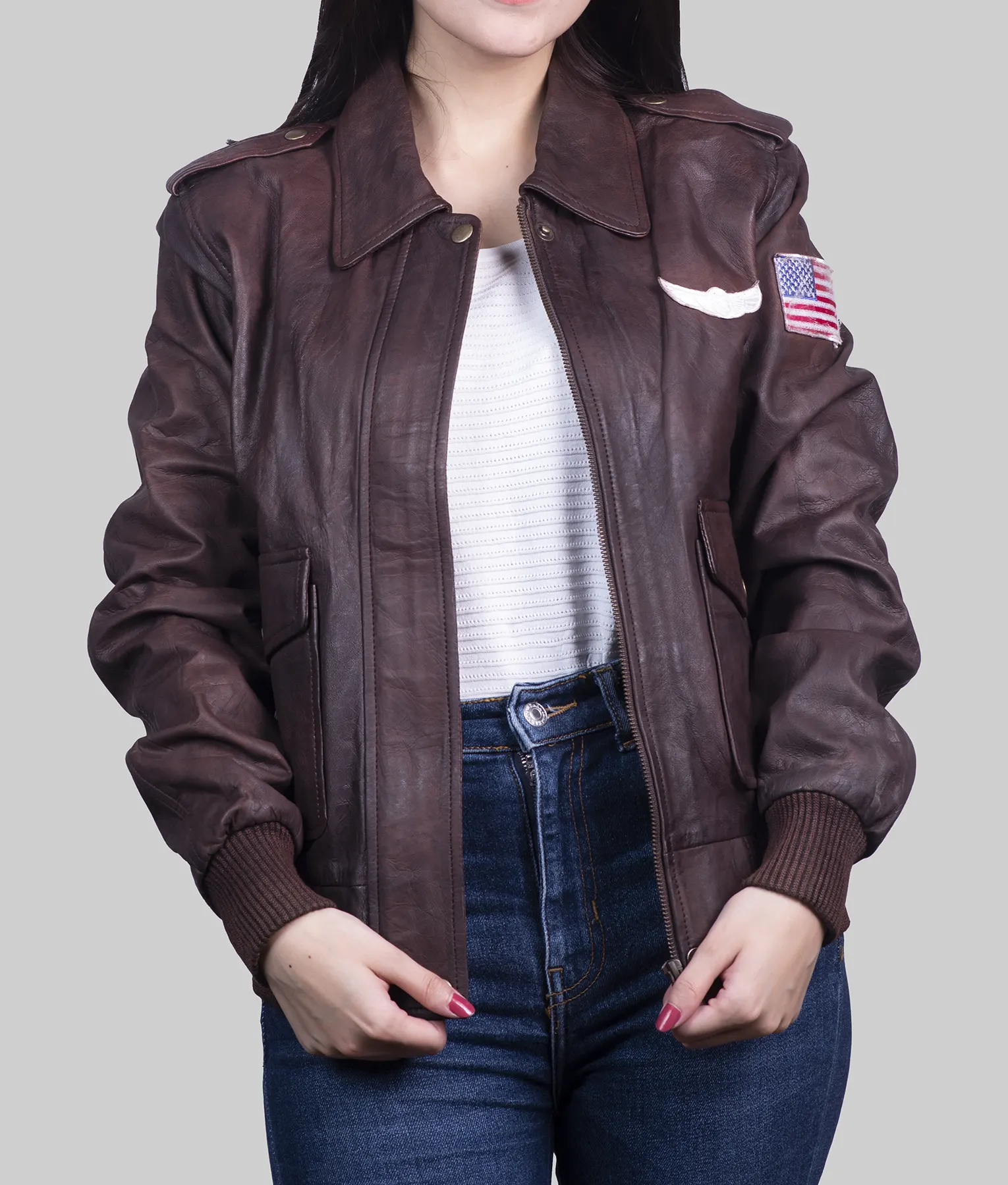 Kim Womens Brown G-1 Flight Leather Jacket | NYC Jackets