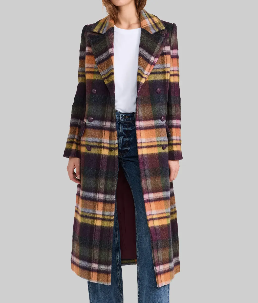 Lily Collins Plaid Winter Coat-Front View