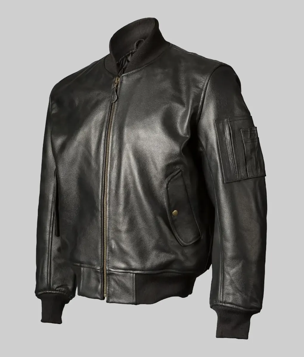 Lindsay Women's Black Distressed Leather MA-1 Bomber Jacket - Women's Black Leather MA-1 Bomber Jacket-1
