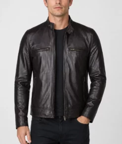 Nero Mens Brown Cafe Racer Leather Jacket-Front