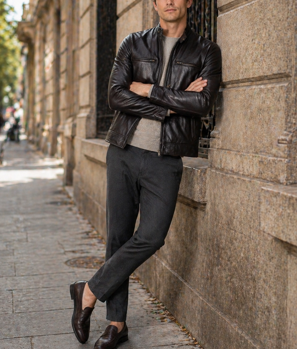 Nero Mens Brown Cafe Racer Leather Jacket-Front