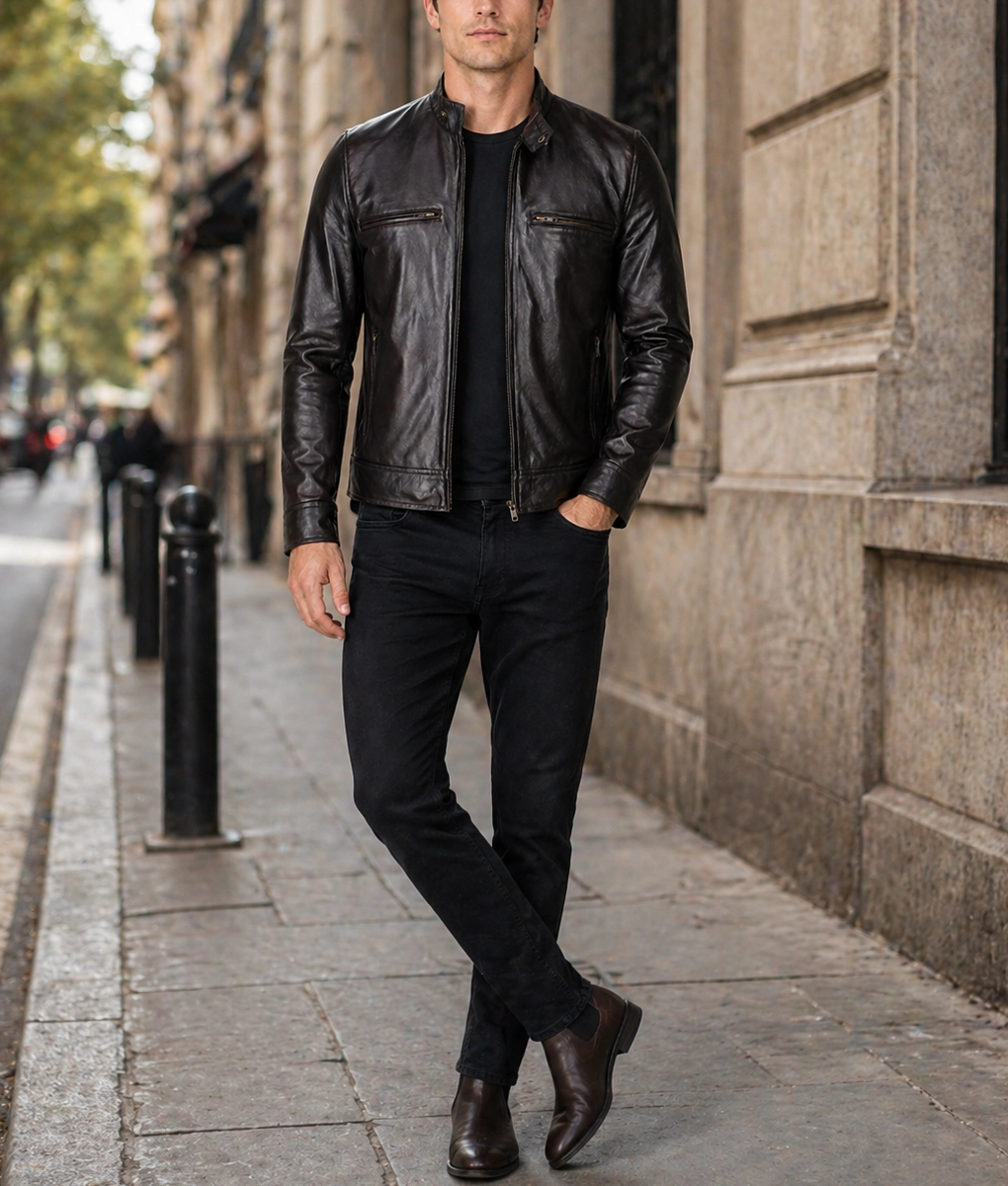 Nero Mens Brown Cafe Racer Leather Jacket-Front