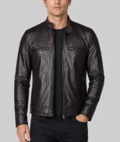 Nero Mens Brown Cafe Racer Leather Jacket-Front