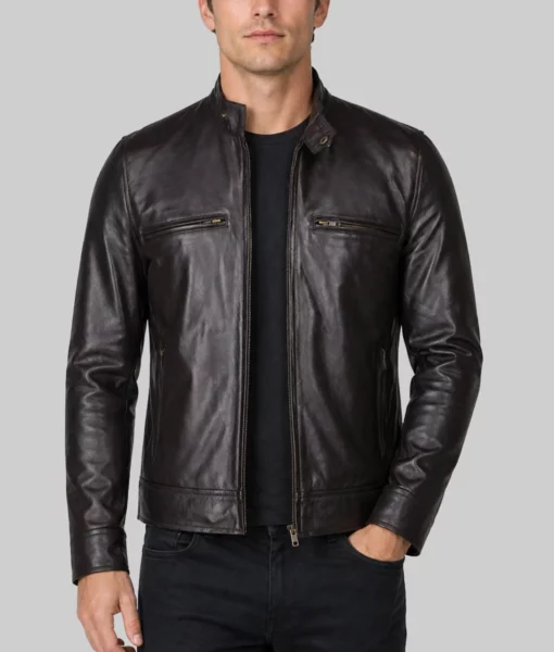 Nero Mens Brown Cafe Racer Leather Jacket-Front
