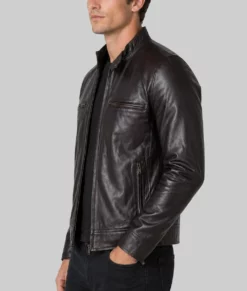 Nero Mens Brown Cafe Racer Leather Jacket-Side