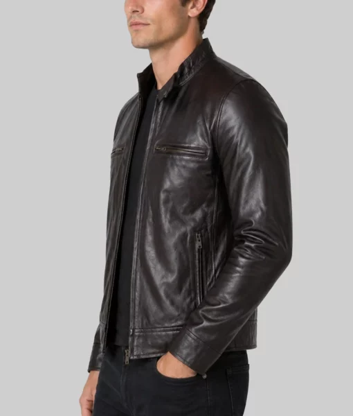 Nero Mens Brown Cafe Racer Leather Jacket-Side