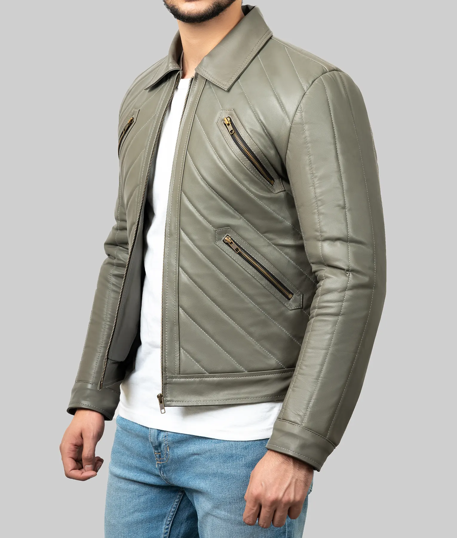 Ted Mens Grey Leather Jacket - Mens Grey Leather Jacket-4