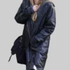Angelina Jolie Black Leather Hooded Coat-Front View