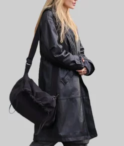 Angelina Jolie Black Leather Hooded Coat-Side View